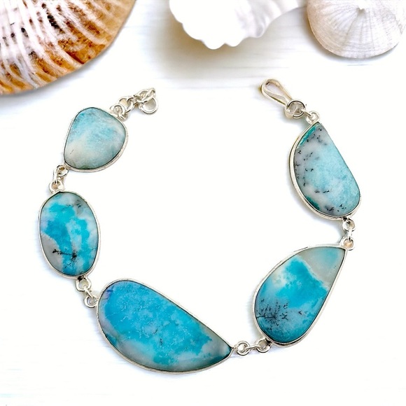 Marine Blue Dendritic Agate 925 Silver Plated Crystal Gemstone Bracelet - Picture 1 of 2